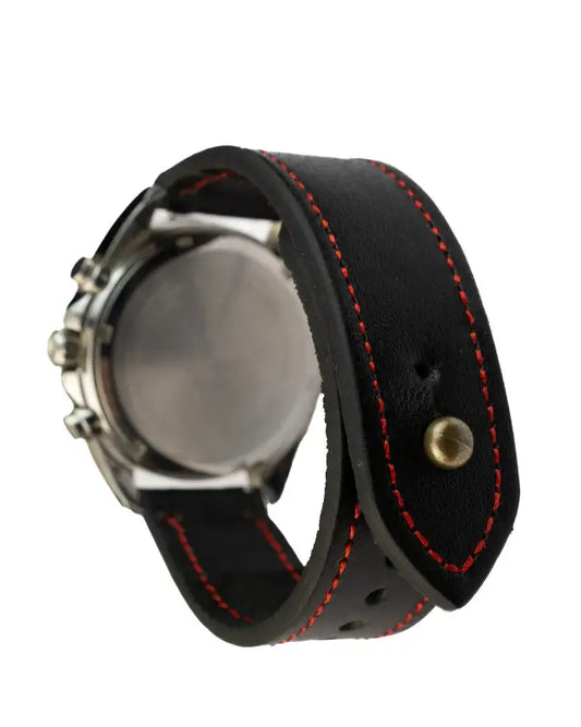 Black/Red Leather Watch Strap - Quick Release Pins - The Stellar