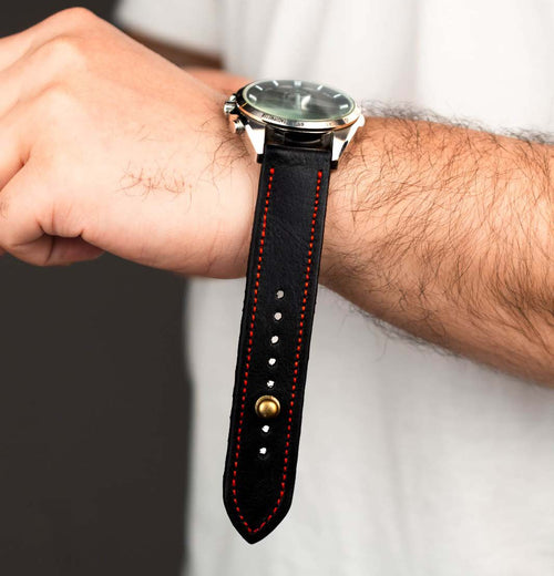 Black/Red Leather Watch Strap - Quick Release Pins - The Stellar