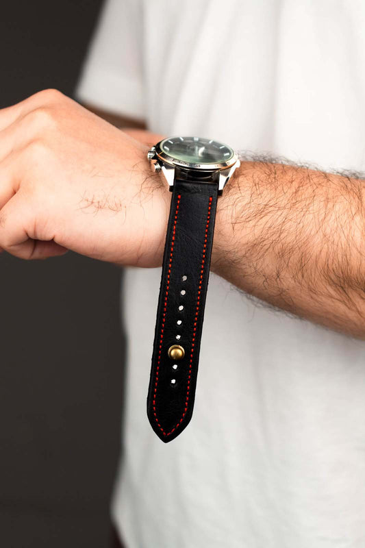 Black/Red Leather Watch Strap - Quick Release Pins - The Stellar