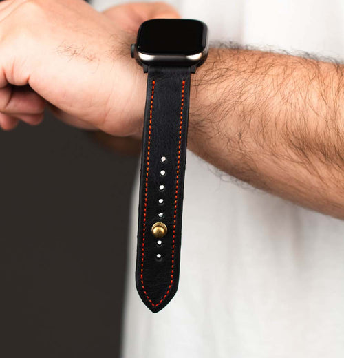 Black/Red Leather Apple Watch Strap - Exclusive Collection - The Stellar