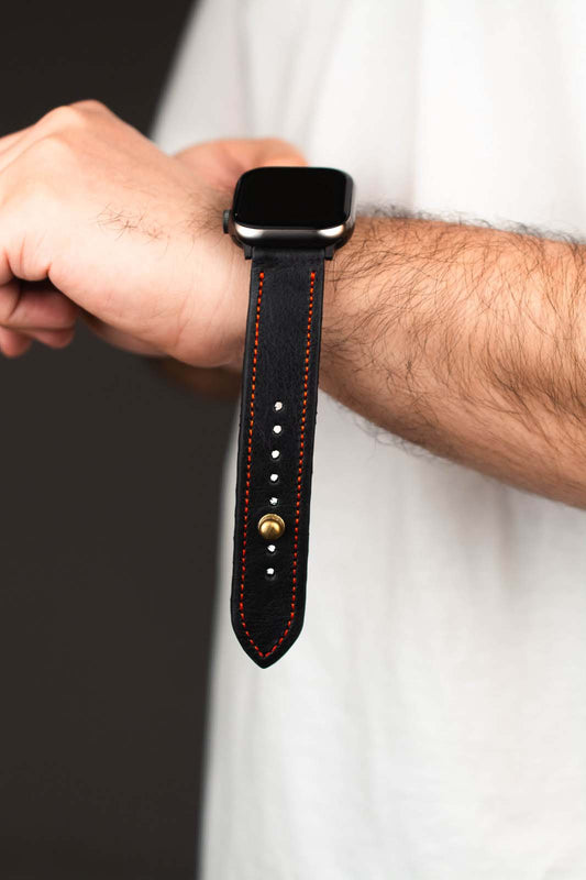 Black/Red Leather Apple Watch Strap - Exclusive Collection - The Stellar