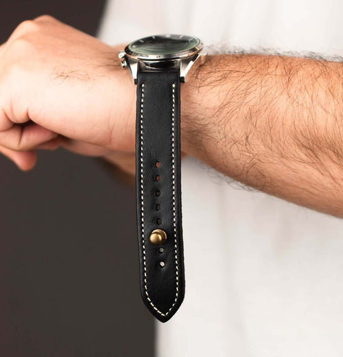 Black/beige Leather Watch Strap - Quick Release Pins - The Stellar