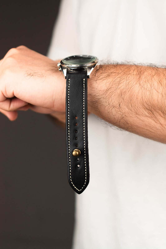 Black/beige Leather Watch Strap - Quick Release Pins - The Stellar