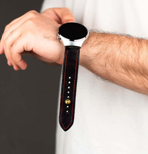 Black/Red Leather Watch Strap - Quick Release Pins - The Stellar