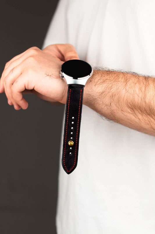 Black/Red Leather Watch Strap - Quick Release Pins - The Stellar